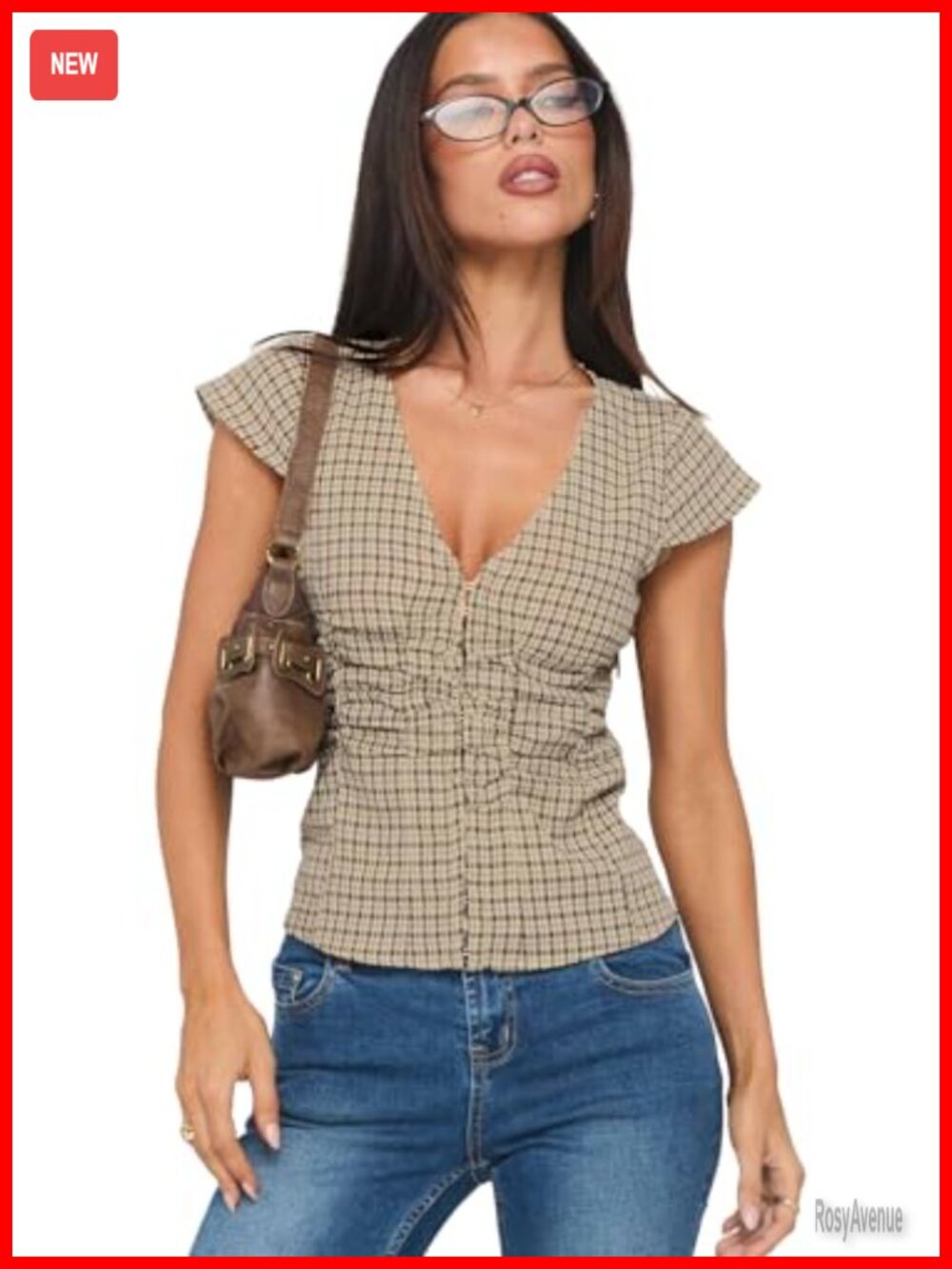 Princess Polly Women's Corset Ruched Top Checkered V-Neck Tailored